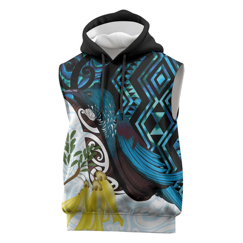 New Zealand Silver Fern Tui Bird Sleeveless Hoodie Maori Kowhai Paua Shell Taniko Motifs - Aussie Hoodie