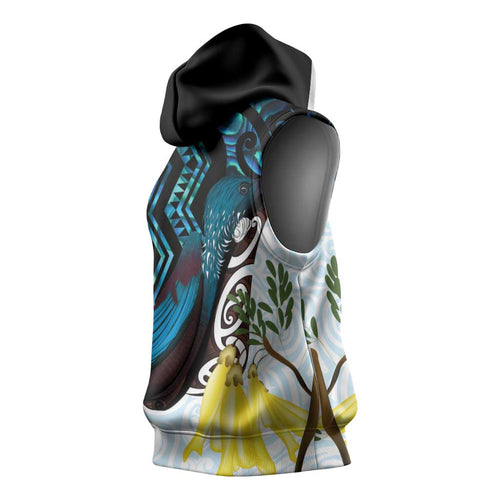 New Zealand Silver Fern Tui Bird Sleeveless Hoodie Maori Kowhai Paua Shell Taniko Motifs - Aussie Hoodie