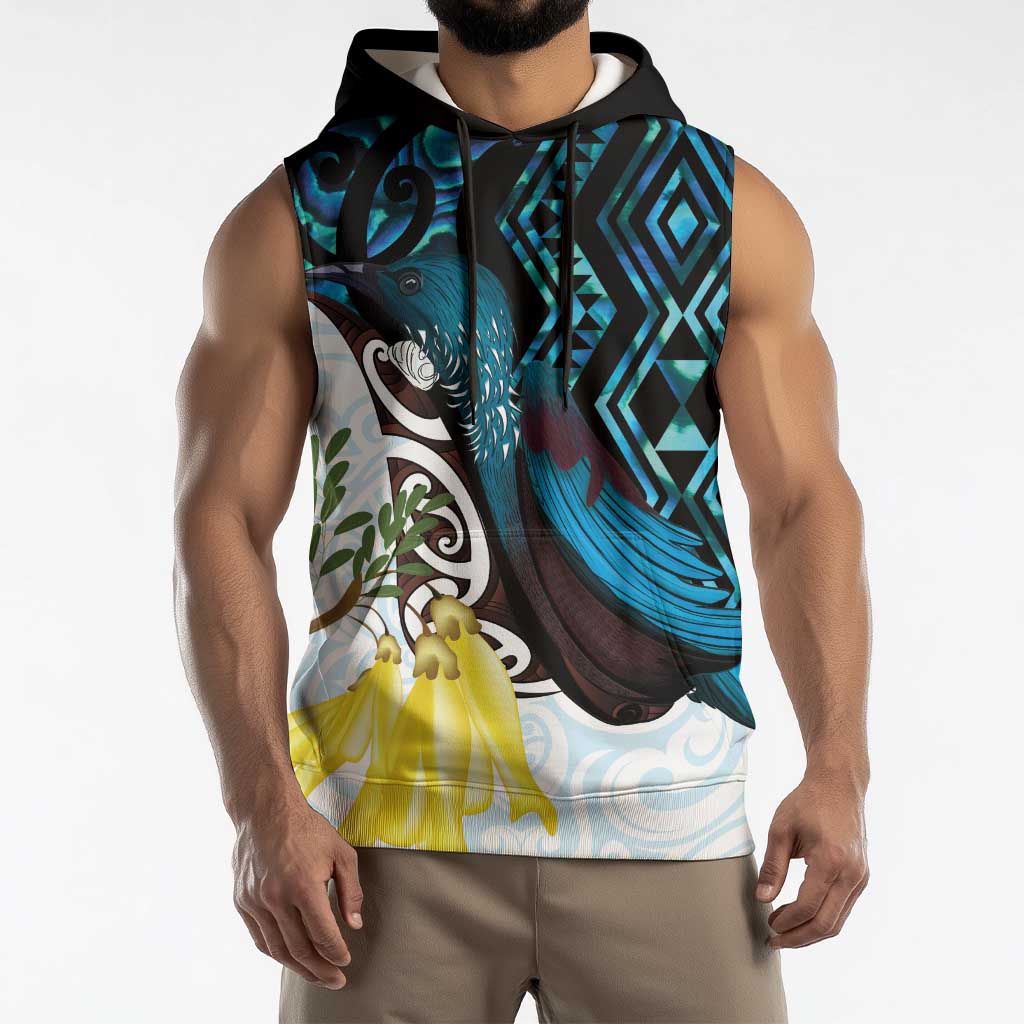 New Zealand Silver Fern Tui Bird Sleeveless Hoodie Maori Kowhai Paua Shell Taniko Motifs - Aussie Hoodie