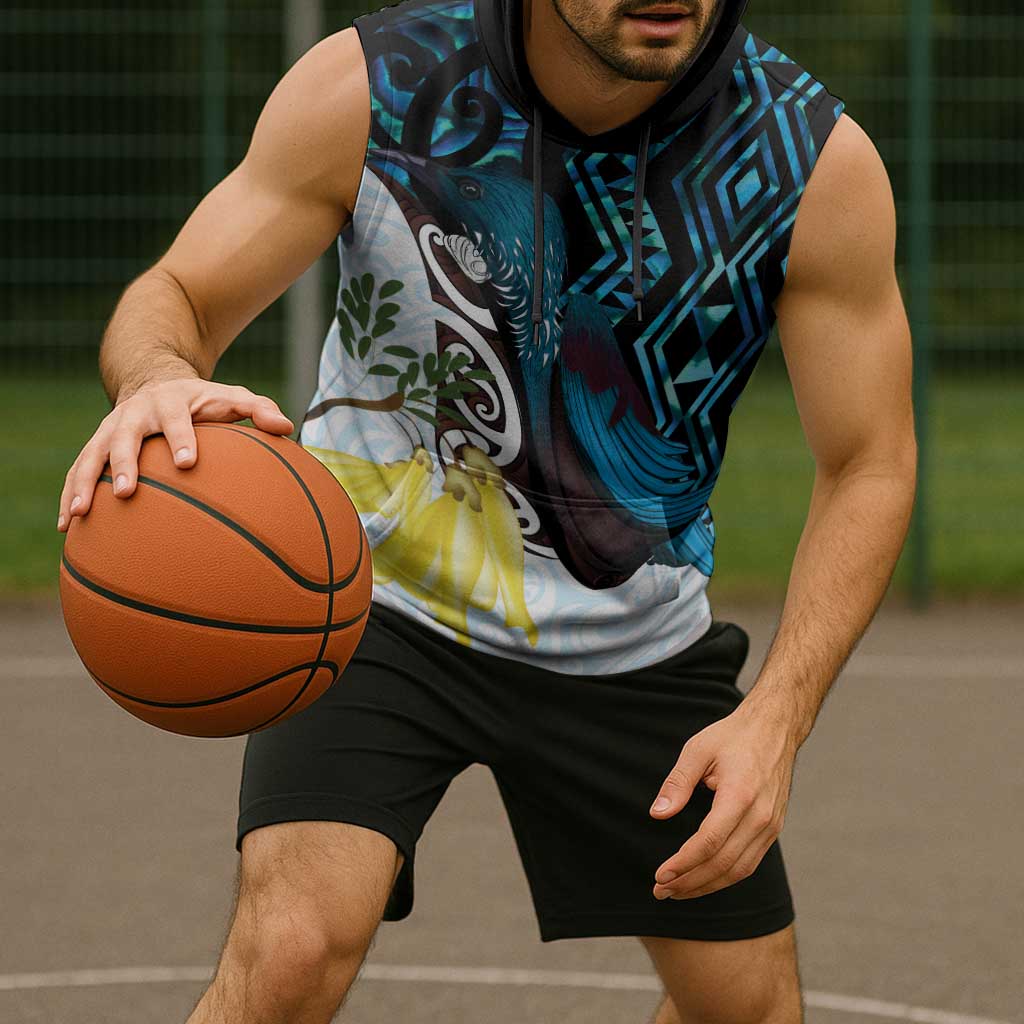 New Zealand Silver Fern Tui Bird Sleeveless Hoodie Maori Kowhai Paua Shell Taniko Motifs - Aussie Hoodie