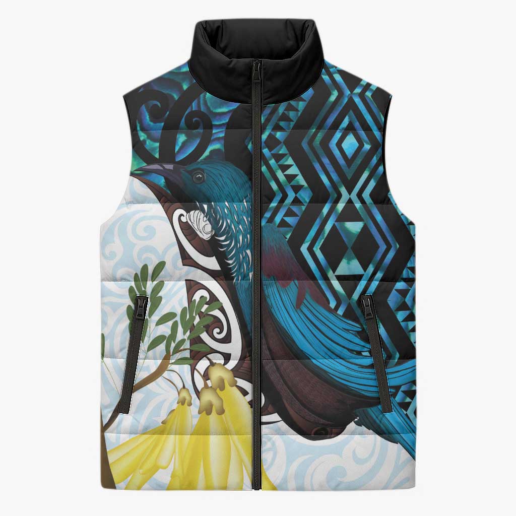 New Zealand Silver Fern Tui Bird Sleeveless Puffer Jacket Maori Kowhai Paua Shell Taniko Motifs - Aussie Hoodie