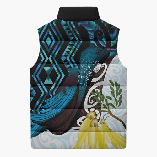 New Zealand Silver Fern Tui Bird Sleeveless Puffer Jacket Maori Kowhai Paua Shell Taniko Motifs - Aussie Hoodie