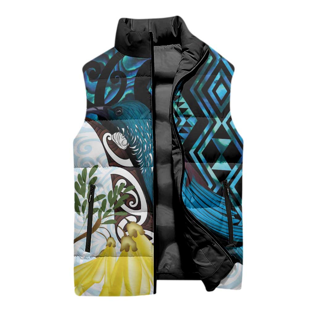 New Zealand Silver Fern Tui Bird Sleeveless Puffer Jacket Maori Kowhai Paua Shell Taniko Motifs - Aussie Hoodie