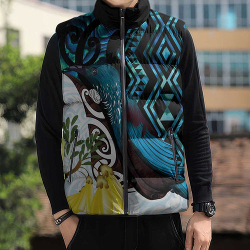 New Zealand Silver Fern Tui Bird Sleeveless Puffer Jacket Maori Kowhai Paua Shell Taniko Motifs - Aussie Hoodie