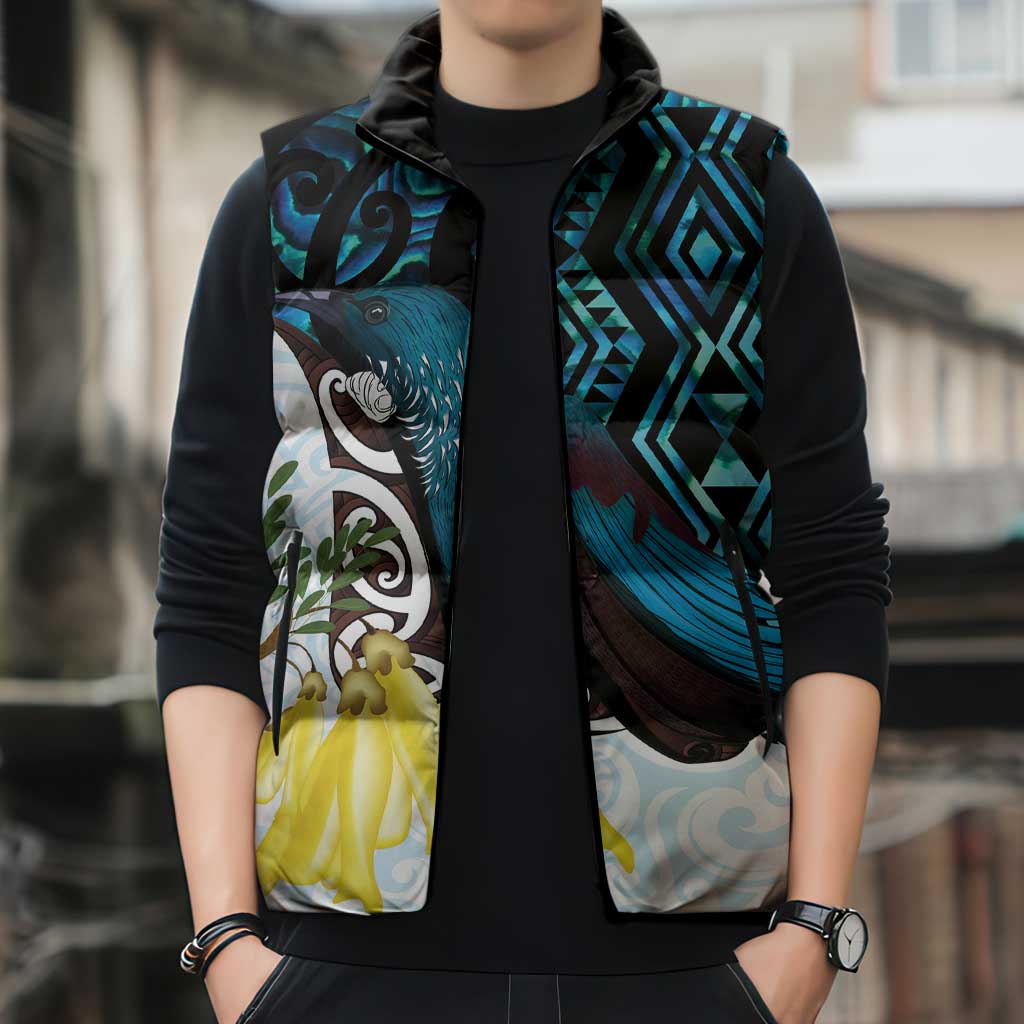New Zealand Silver Fern Tui Bird Sleeveless Puffer Jacket Maori Kowhai Paua Shell Taniko Motifs - Aussie Hoodie