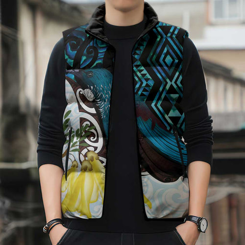 New Zealand Silver Fern Tui Bird Sleeveless Puffer Jacket Maori Kowhai Paua Shell Taniko Motifs - Aussie Hoodie