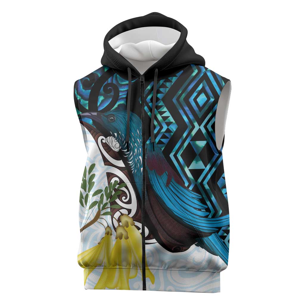 New Zealand Silver Fern Tui Bird Sleeveless Zip Hoodie Maori Kowhai Paua Shell Taniko Motifs LT14