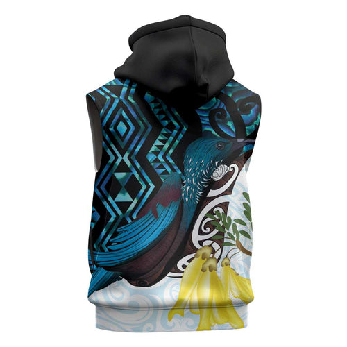 New Zealand Silver Fern Tui Bird Sleeveless Zip Hoodie Maori Kowhai Paua Shell Taniko Motifs LT14