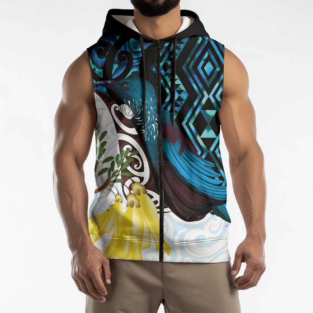 New Zealand Silver Fern Tui Bird Sleeveless Zip Hoodie Maori Kowhai Paua Shell Taniko Motifs LT14