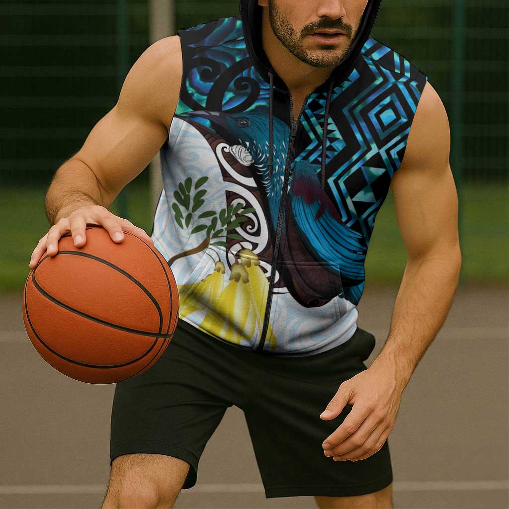 New Zealand Silver Fern Tui Bird Sleeveless Zip Hoodie Maori Kowhai Paua Shell Taniko Motifs LT14
