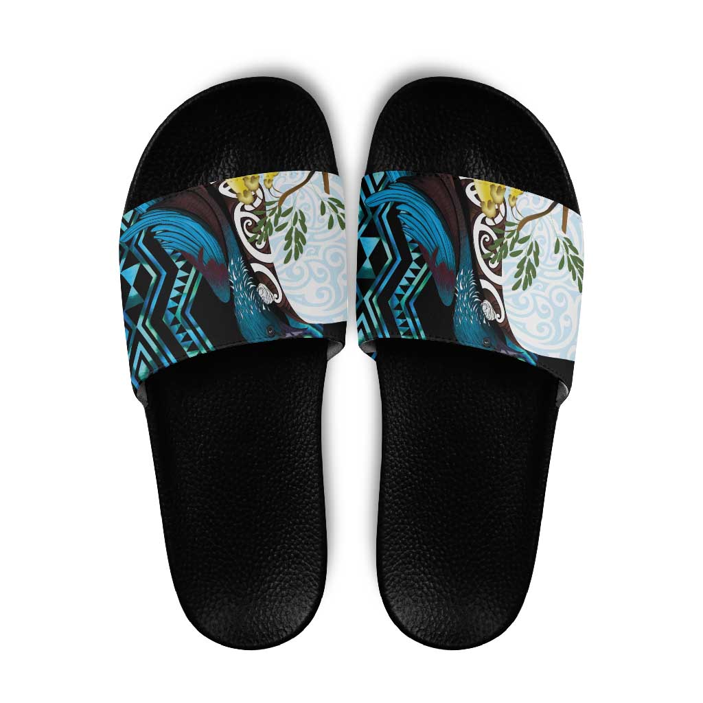 New Zealand Silver Fern Tui Bird Slide Sandals Maori Kowhai Paua Shell Taniko Motifs - Aussie Hoodie