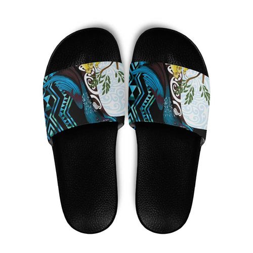 New Zealand Silver Fern Tui Bird Slide Sandals Maori Kowhai Paua Shell Taniko Motifs - Aussie Hoodie