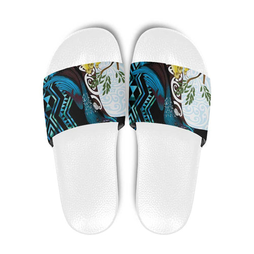 New Zealand Silver Fern Tui Bird Slide Sandals Maori Kowhai Paua Shell Taniko Motifs - Aussie Hoodie