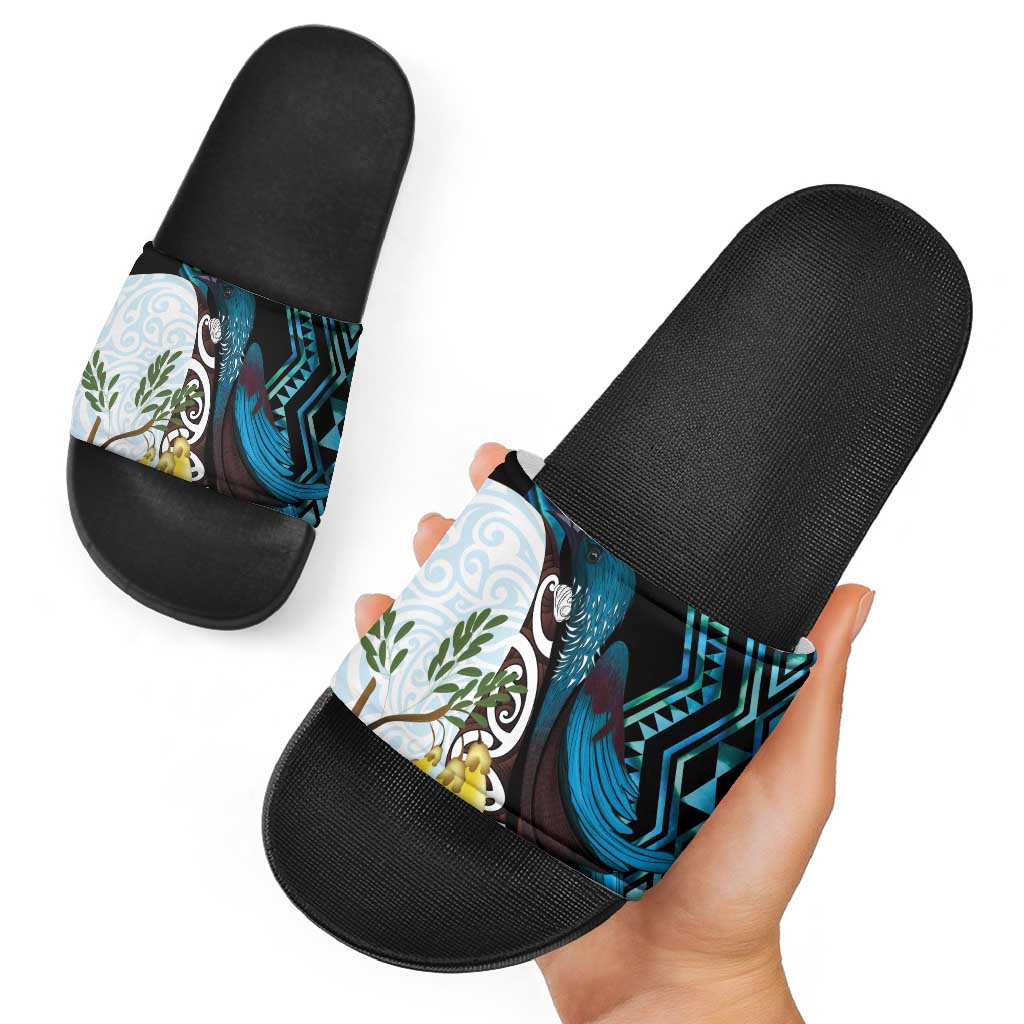 New Zealand Silver Fern Tui Bird Slide Sandals Maori Kowhai Paua Shell Taniko Motifs - Aussie Hoodie