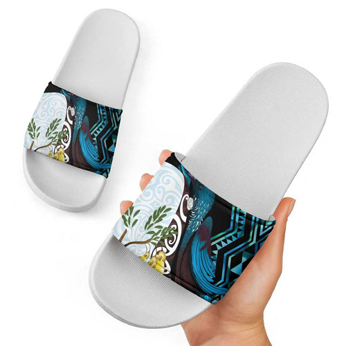 New Zealand Silver Fern Tui Bird Slide Sandals Maori Kowhai Paua Shell Taniko Motifs - Aussie Hoodie