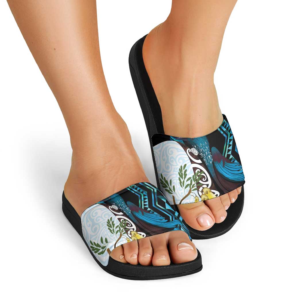 New Zealand Silver Fern Tui Bird Slide Sandals Maori Kowhai Paua Shell Taniko Motifs - Aussie Hoodie
