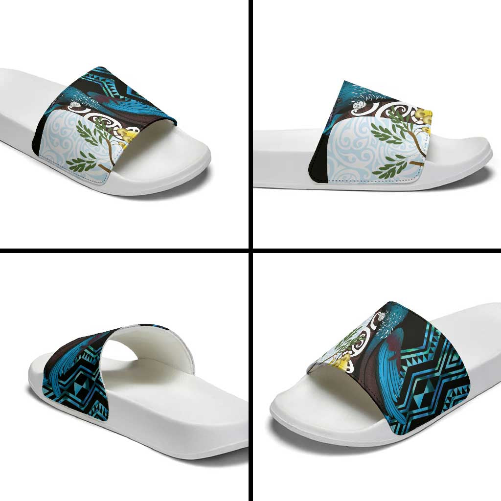 New Zealand Silver Fern Tui Bird Slide Sandals Maori Kowhai Paua Shell Taniko Motifs - Aussie Hoodie