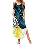 New Zealand Silver Fern Tui Bird Summer Maxi Dress Maori Kowhai Paua Shell Taniko Motifs