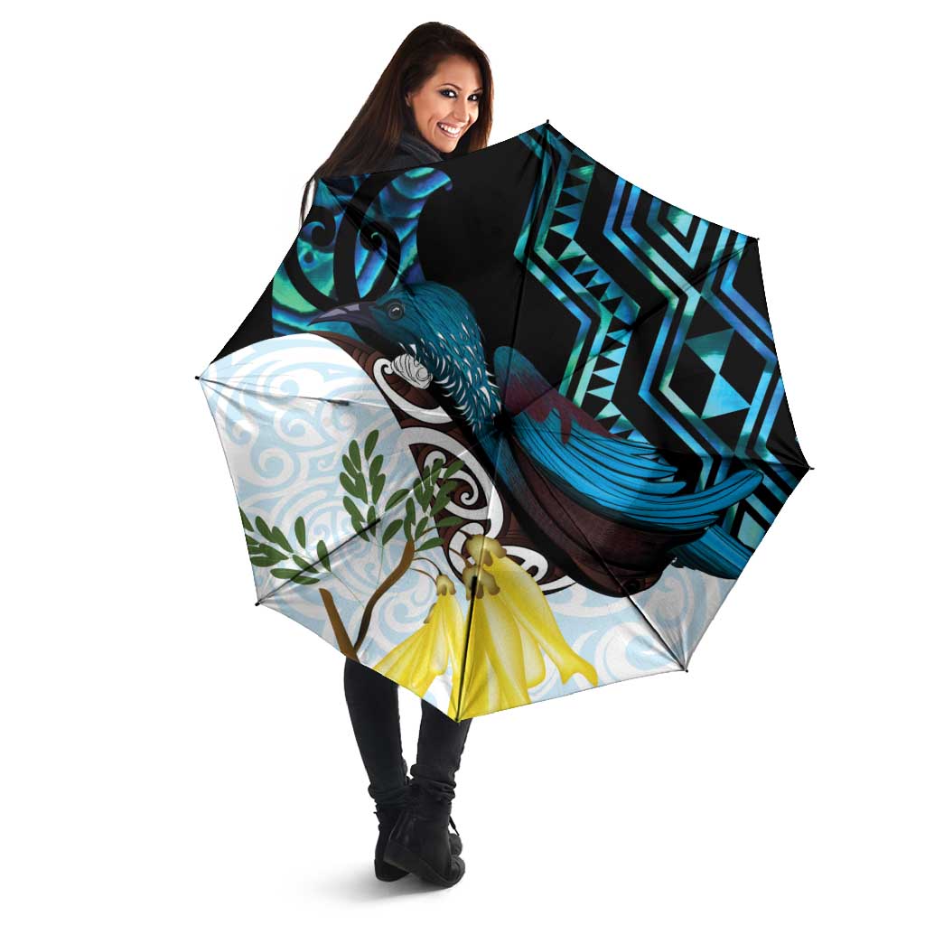 New Zealand Silver Fern Tui Bird Umbrella Maori Kowhai Paua Shell Taniko Motifs - Aussie Hoodie