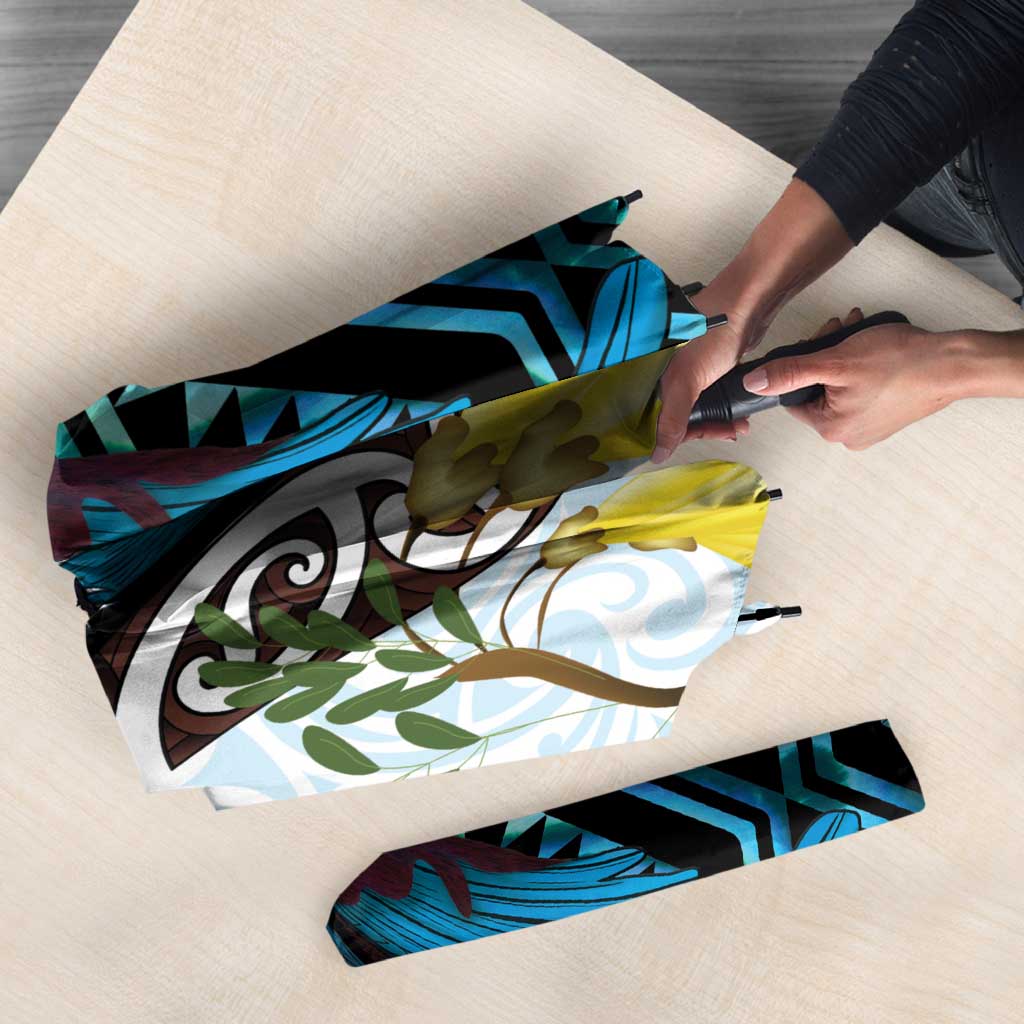 New Zealand Silver Fern Tui Bird Umbrella Maori Kowhai Paua Shell Taniko Motifs - Aussie Hoodie