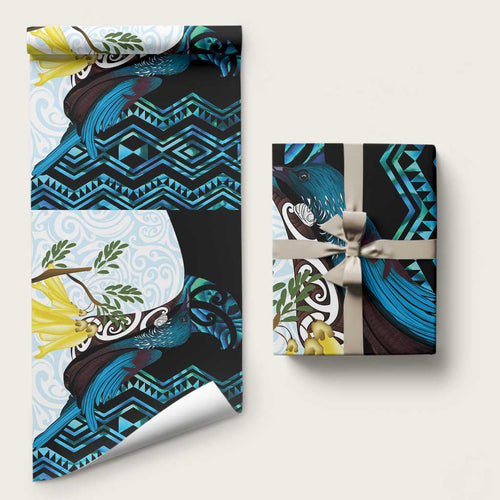 New Zealand Silver Fern Tui Bird Wrapping Paper Maori Kowhai Paua Shell Taniko Motifs - Aussie Hoodie