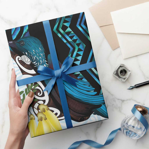 New Zealand Silver Fern Tui Bird Wrapping Paper Maori Kowhai Paua Shell Taniko Motifs - Aussie Hoodie