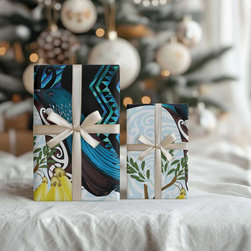 New Zealand Silver Fern Tui Bird Wrapping Paper Maori Kowhai Paua Shell Taniko Motifs - Aussie Hoodie