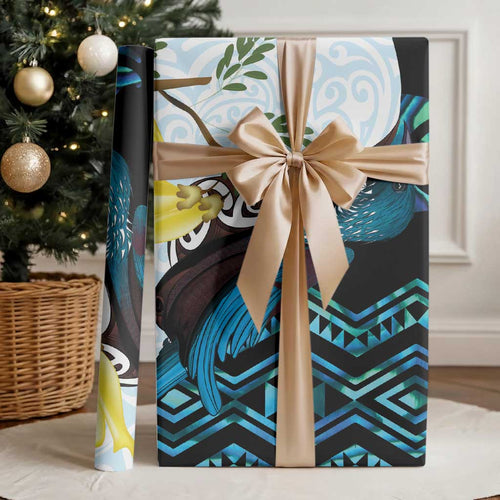New Zealand Silver Fern Tui Bird Wrapping Paper Maori Kowhai Paua Shell Taniko Motifs - Aussie Hoodie