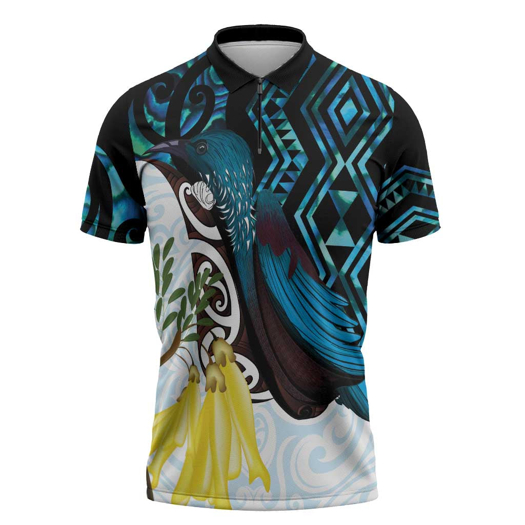 New Zealand Silver Fern Tui Bird Zipper Polo Shirt Maori Kowhai Paua Shell Taniko Motifs - Aussie Hoodie