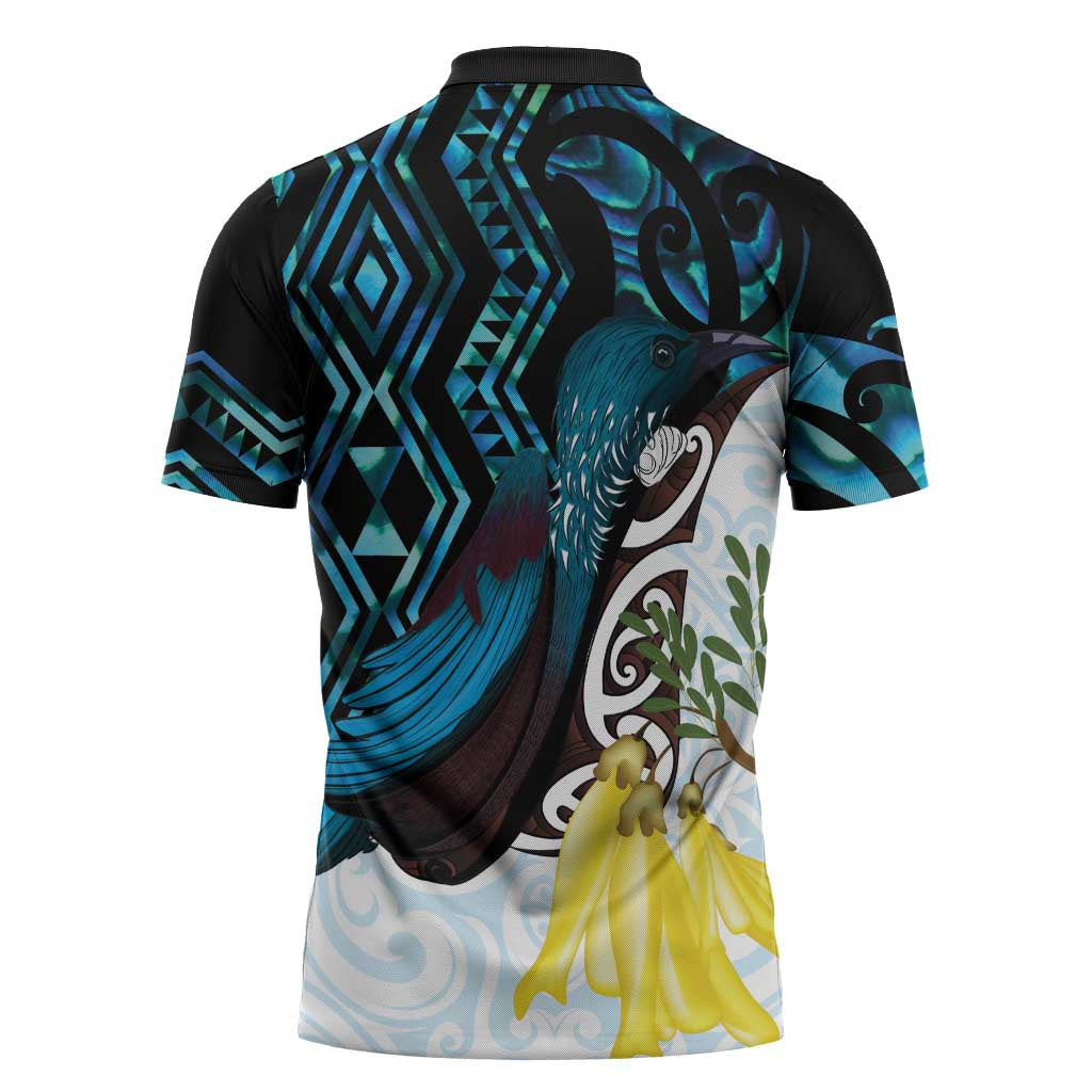 New Zealand Silver Fern Tui Bird Zipper Polo Shirt Maori Kowhai Paua Shell Taniko Motifs - Aussie Hoodie