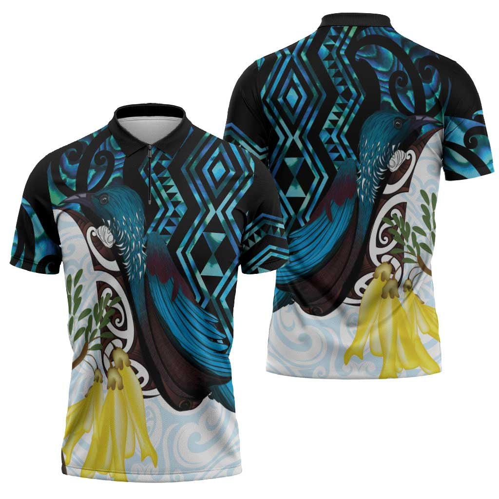 New Zealand Silver Fern Tui Bird Zipper Polo Shirt Maori Kowhai Paua Shell Taniko Motifs - Aussie Hoodie