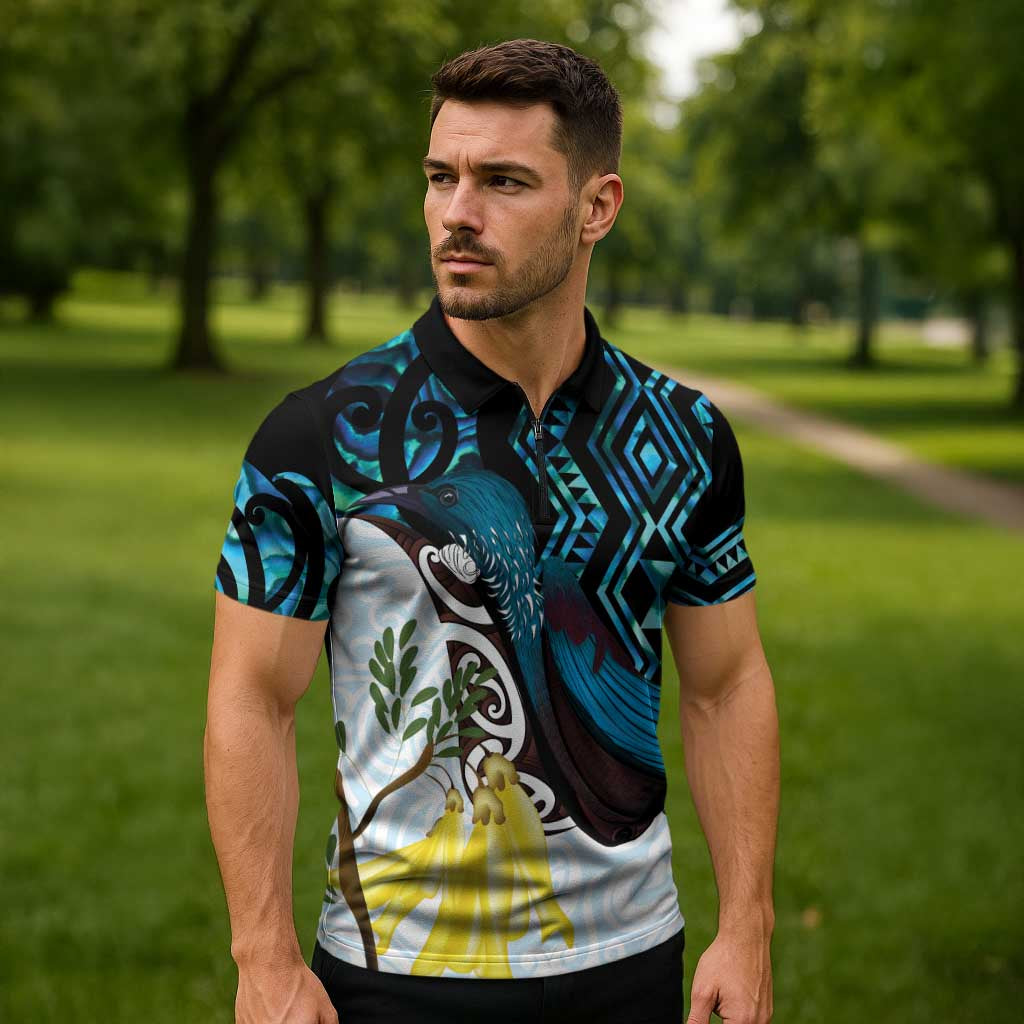 New Zealand Silver Fern Tui Bird Zipper Polo Shirt Maori Kowhai Paua Shell Taniko Motifs - Aussie Hoodie