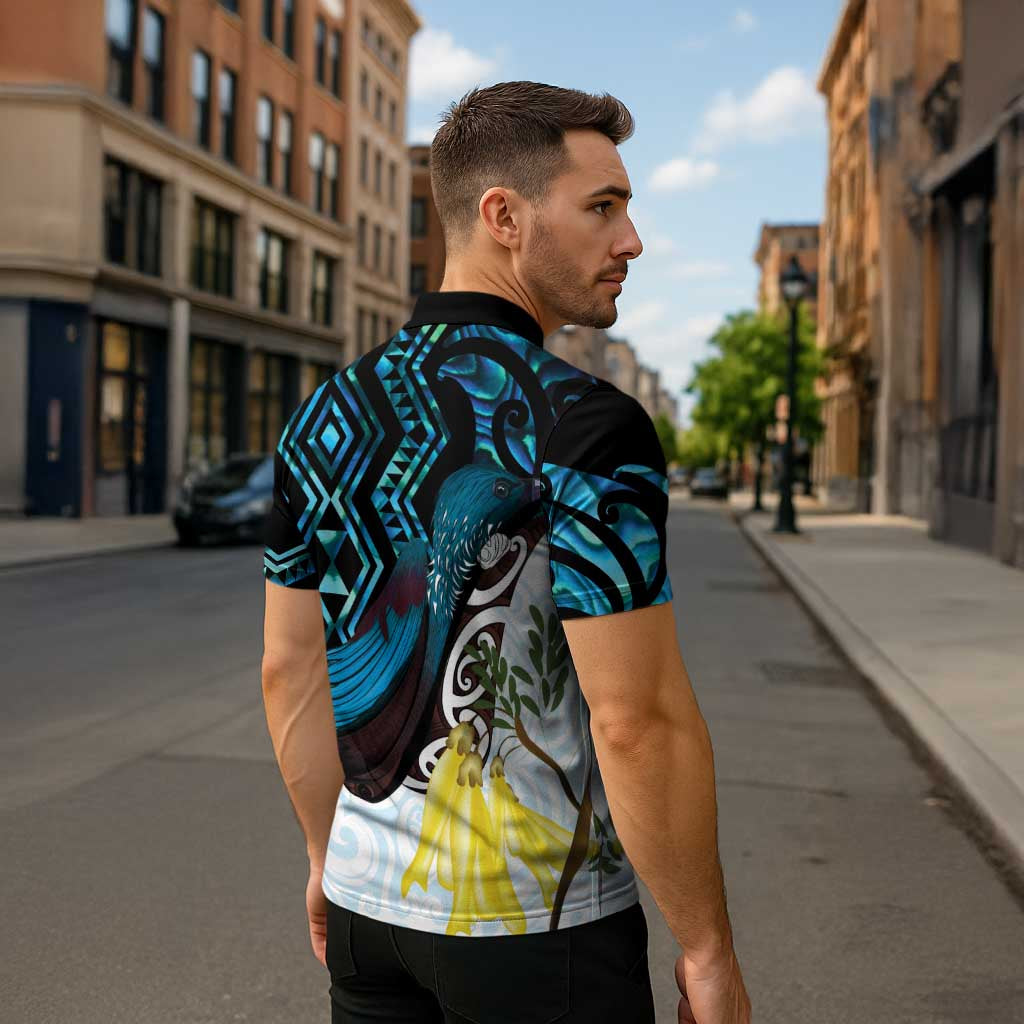 New Zealand Silver Fern Tui Bird Zipper Polo Shirt Maori Kowhai Paua Shell Taniko Motifs - Aussie Hoodie