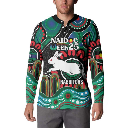 Custom NAIDOC Week 2025 Rabbitohs Button Sweatshirt Go Souths Indigenous Art