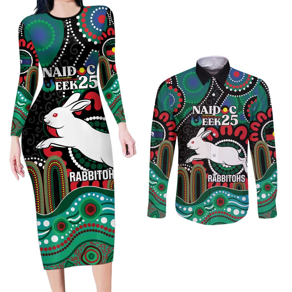 Custom NAIDOC Week 2025 Rabbitohs Couples Matching Long Sleeve Bodycon Dress and Long Sleeve Button Shirt Go Souths Indigenous Art
