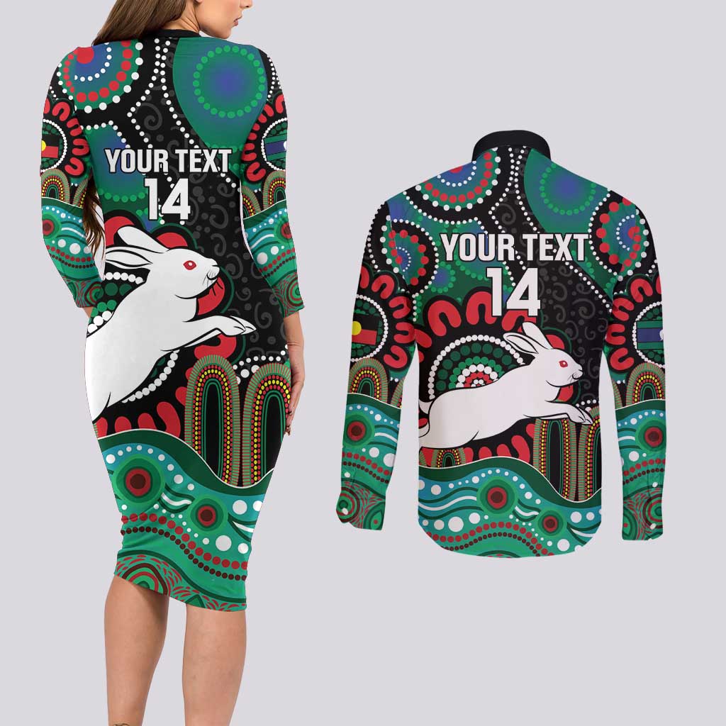 Custom NAIDOC Week 2025 Rabbitohs Couples Matching Long Sleeve Bodycon Dress and Long Sleeve Button Shirt Go Souths Indigenous Art