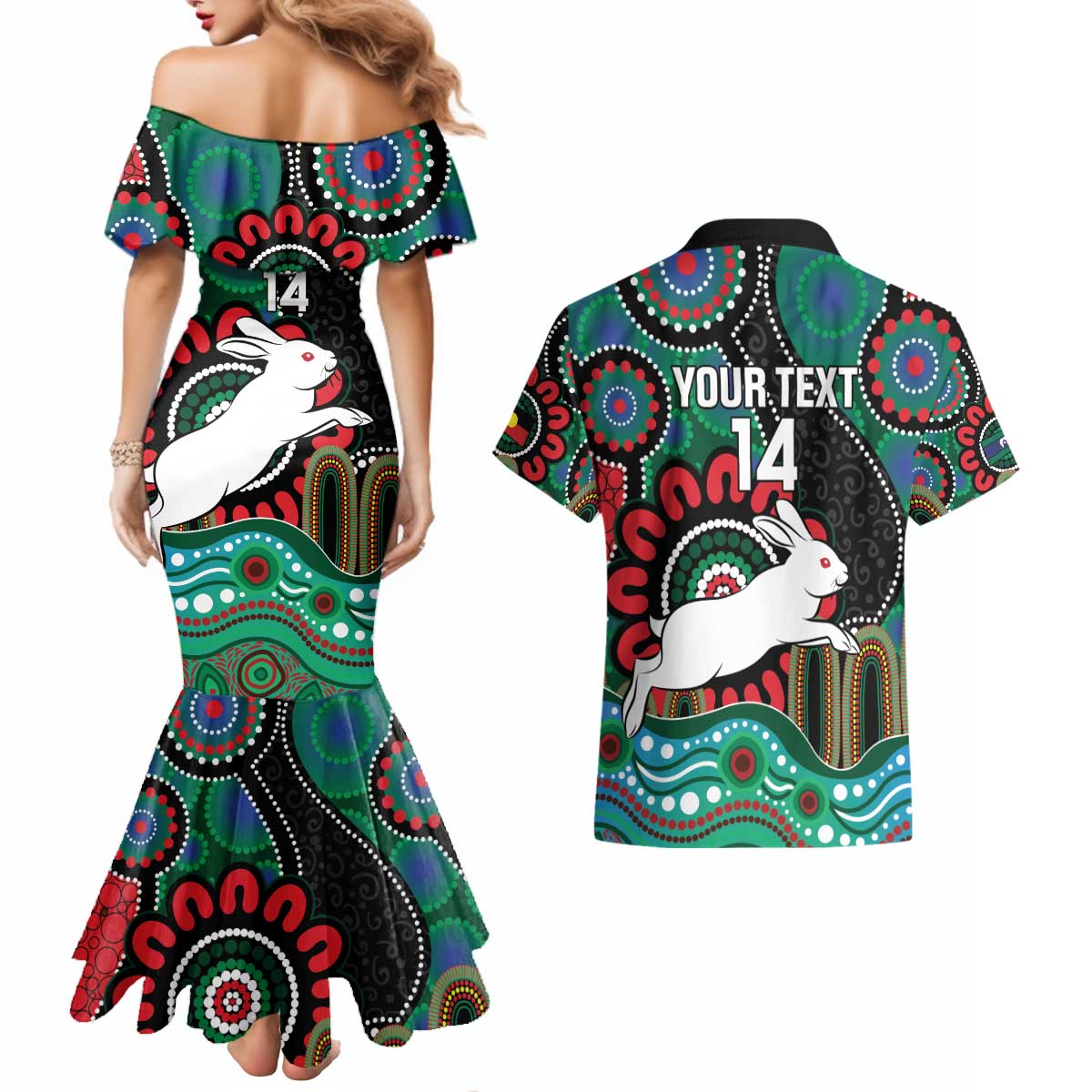 Custom NAIDOC Week 2025 Rabbitohs Couples Matching Mermaid Dress and Hawaiian Shirt Go Souths Indigenous Art