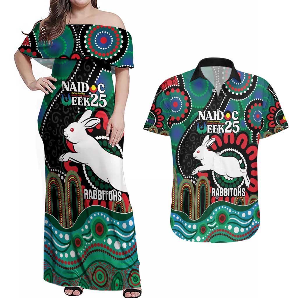 Custom NAIDOC Week 2025 Rabbitohs Couples Matching Off Shoulder Maxi Dress and Hawaiian Shirt Go Souths Indigenous Art