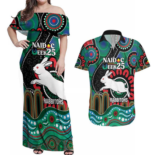 Custom NAIDOC Week 2025 Rabbitohs Couples Matching Off Shoulder Maxi Dress and Hawaiian Shirt Go Souths Indigenous Art
