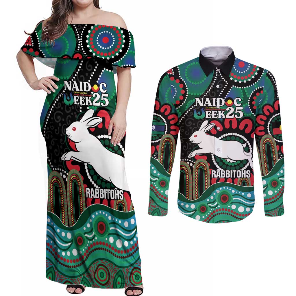 Custom NAIDOC Week 2025 Rabbitohs Couples Matching Off Shoulder Maxi Dress and Long Sleeve Button Shirt Go Souths Indigenous Art