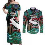 Custom NAIDOC Week 2025 Rabbitohs Couples Matching Off Shoulder Maxi Dress and Long Sleeve Button Shirt Go Souths Indigenous Art