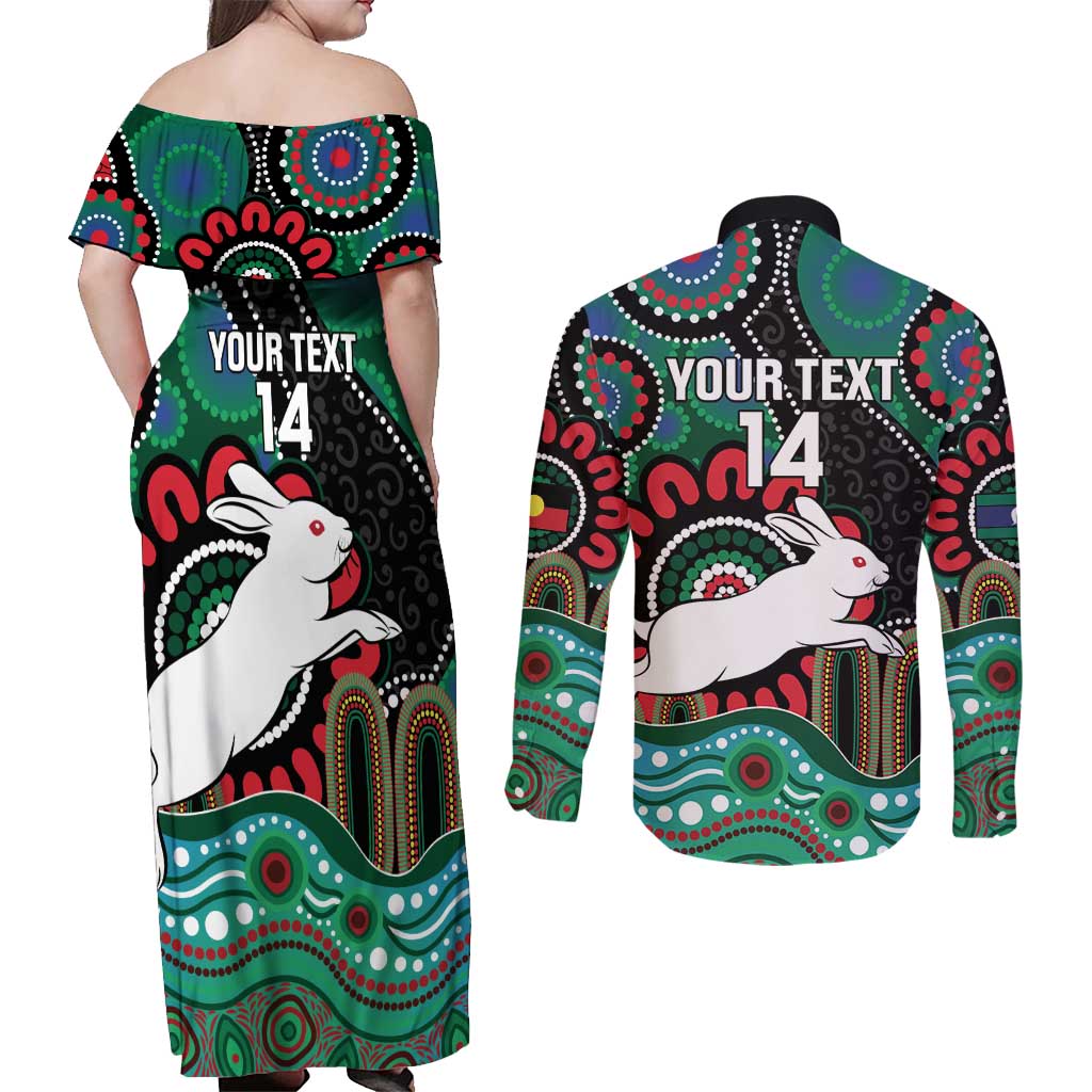 Custom NAIDOC Week 2025 Rabbitohs Couples Matching Off Shoulder Maxi Dress and Long Sleeve Button Shirt Go Souths Indigenous Art