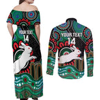 Custom NAIDOC Week 2025 Rabbitohs Couples Matching Off Shoulder Maxi Dress and Long Sleeve Button Shirt Go Souths Indigenous Art