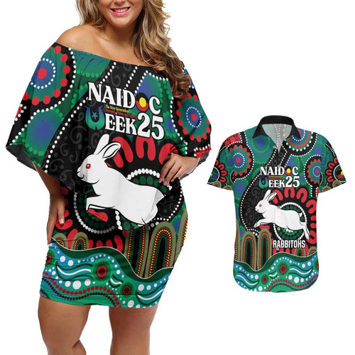 Custom NAIDOC Week 2025 Rabbitohs Couples Matching Off Shoulder Short Dress and Hawaiian Shirt Go Souths Indigenous Art