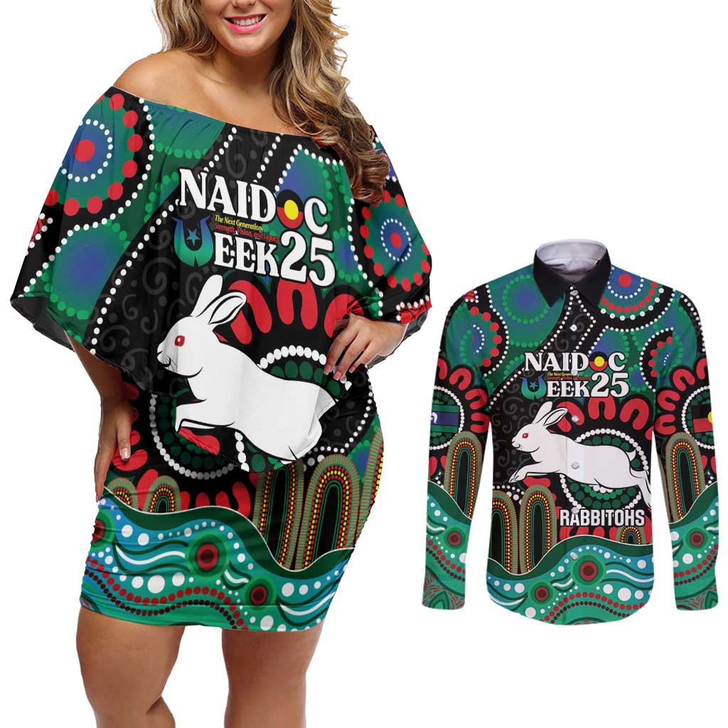 Custom NAIDOC Week 2025 Rabbitohs Couples Matching Off Shoulder Short Dress and Long Sleeve Button Shirt Go Souths Indigenous Art