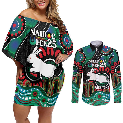 Custom NAIDOC Week 2025 Rabbitohs Couples Matching Off Shoulder Short Dress and Long Sleeve Button Shirt Go Souths Indigenous Art