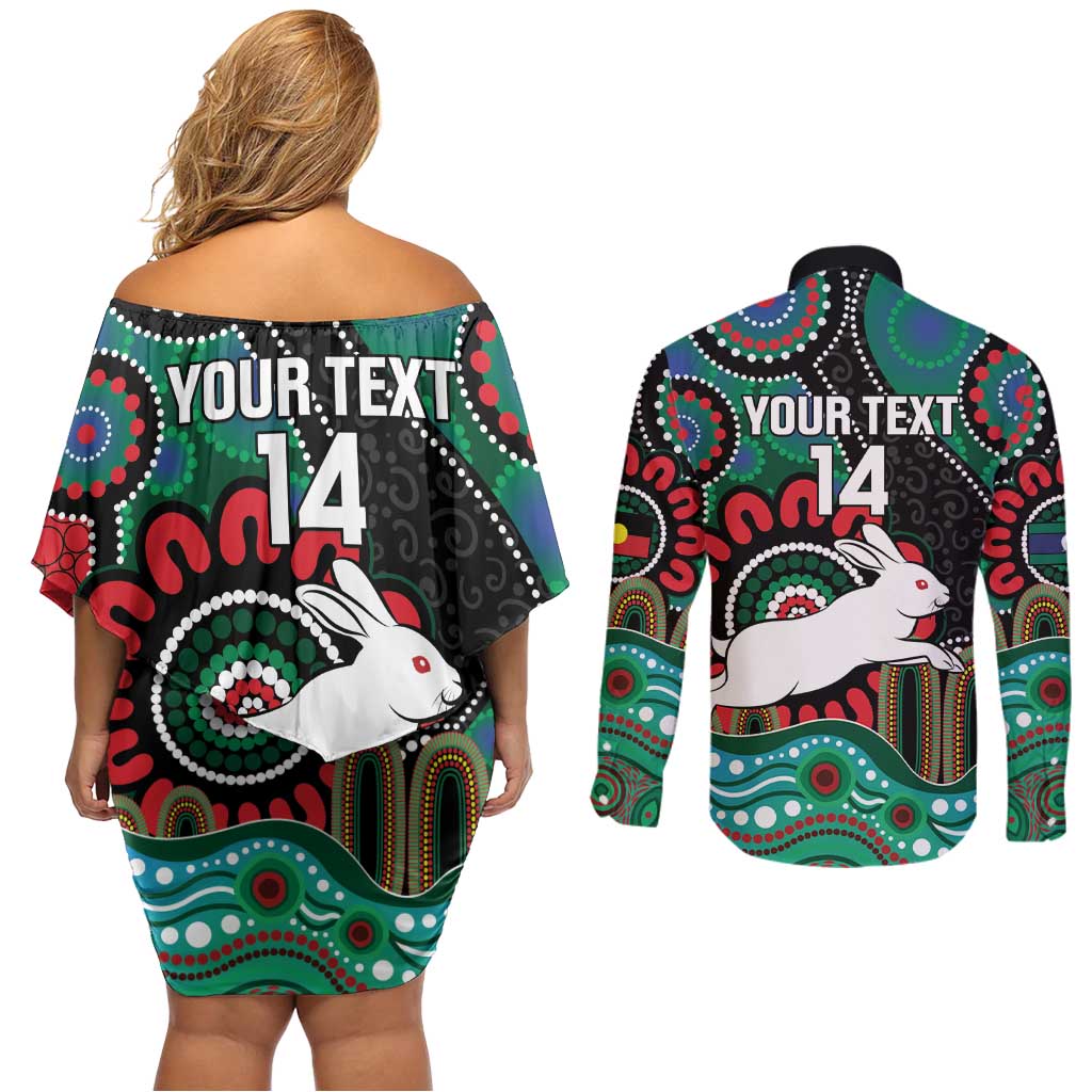 Custom NAIDOC Week 2025 Rabbitohs Couples Matching Off Shoulder Short Dress and Long Sleeve Button Shirt Go Souths Indigenous Art
