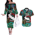 Custom NAIDOC Week 2025 Rabbitohs Couples Matching Off The Shoulder Long Sleeve Dress and Hawaiian Shirt Go Souths Indigenous Art