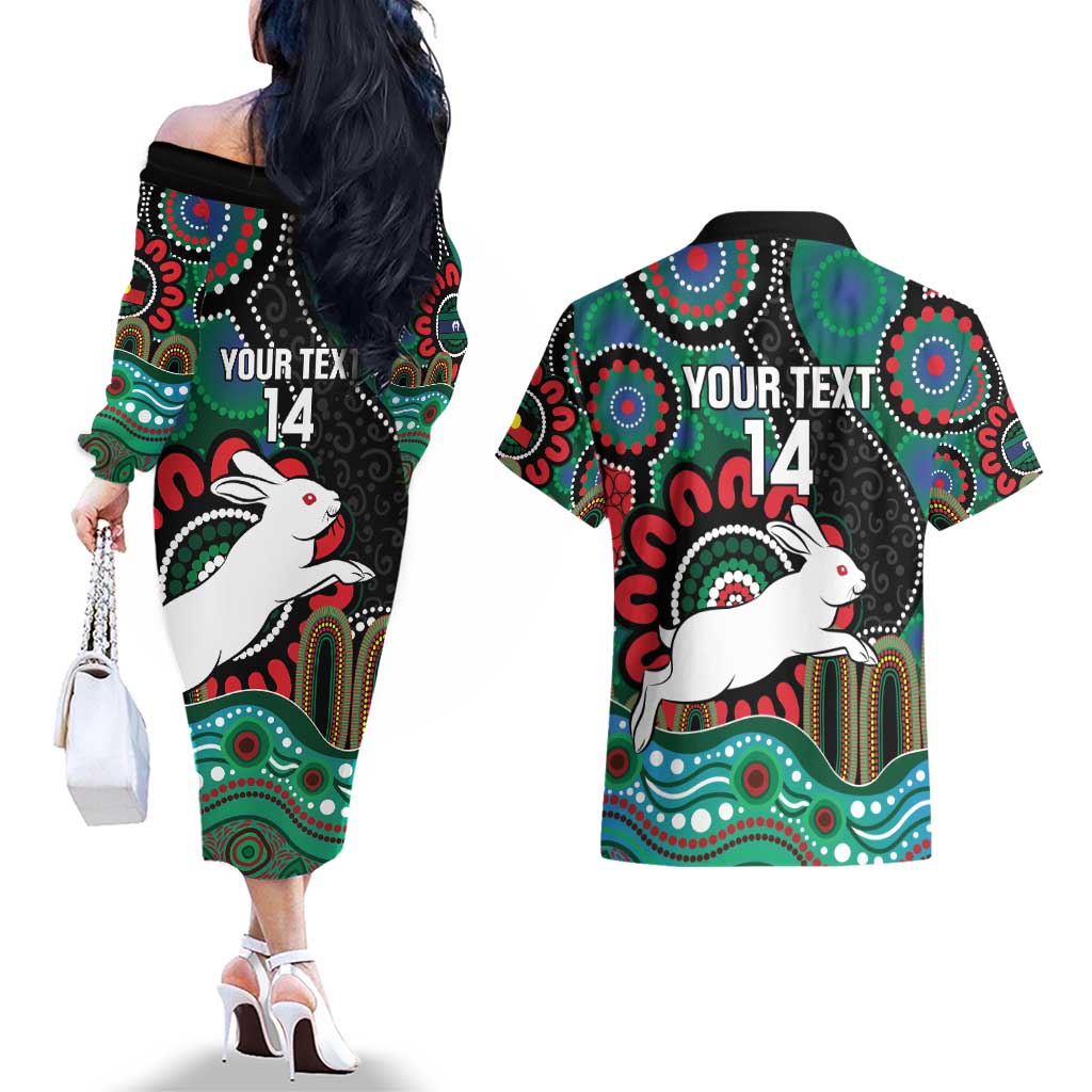 Custom NAIDOC Week 2025 Rabbitohs Couples Matching Off The Shoulder Long Sleeve Dress and Hawaiian Shirt Go Souths Indigenous Art