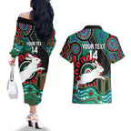 Custom NAIDOC Week 2025 Rabbitohs Couples Matching Off The Shoulder Long Sleeve Dress and Hawaiian Shirt Go Souths Indigenous Art